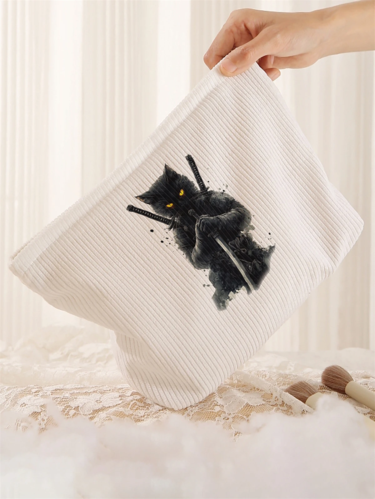 1pc cat pattern printed corduroy makeup bag, lightweight zipper makeup storage box, multifunctional bag with lining