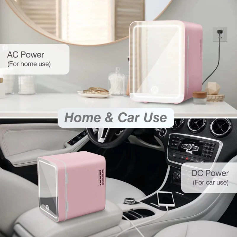 Mini Skincare Fridge 4L Makeup Refrigerator with Dimmable LED Light Mirror Portable Cooler and Warmer for Cosmetic Beauty Food