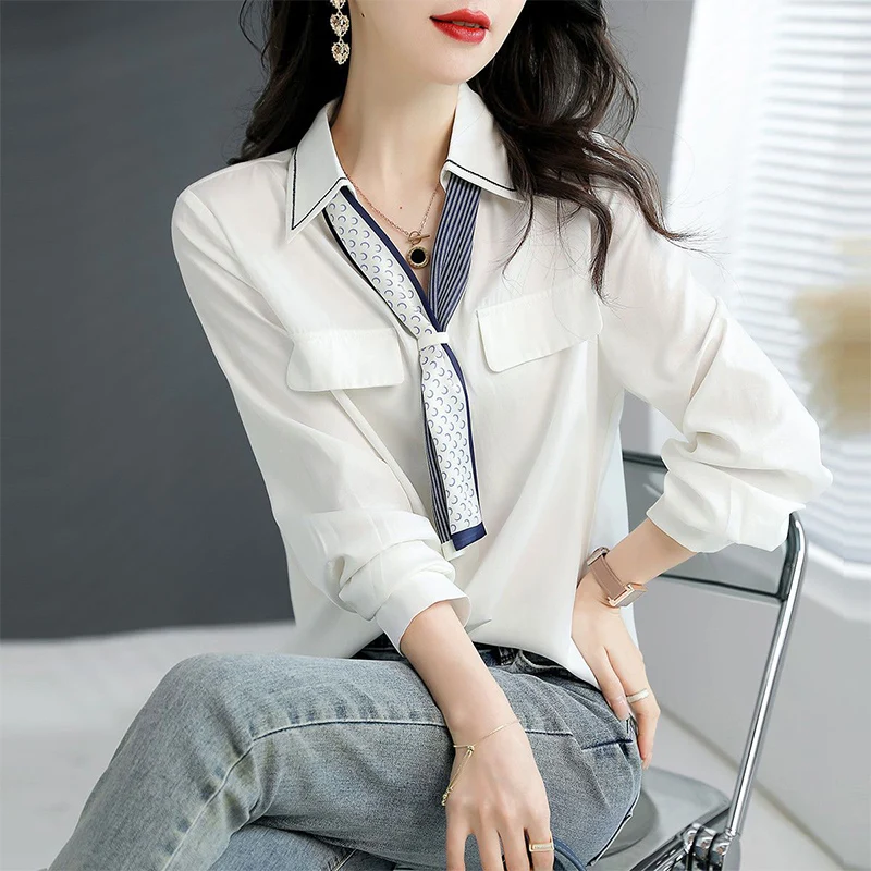 Spring Autumn Y2K Fashion Elegant Office Lady Blouse Scarf Collar Long Sleeve All-match Shirt Women Chic Solid Female Pullover