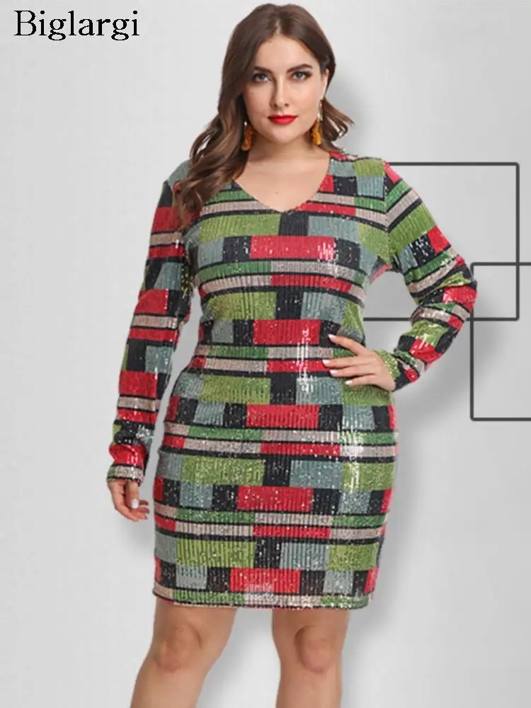 

Plus Size Autumn Sequin Plaid Print Mini Dress Women V-Neck Bodycon Sexy Fashion Ladies Dresses Long Sleeve Woman Dress 2023