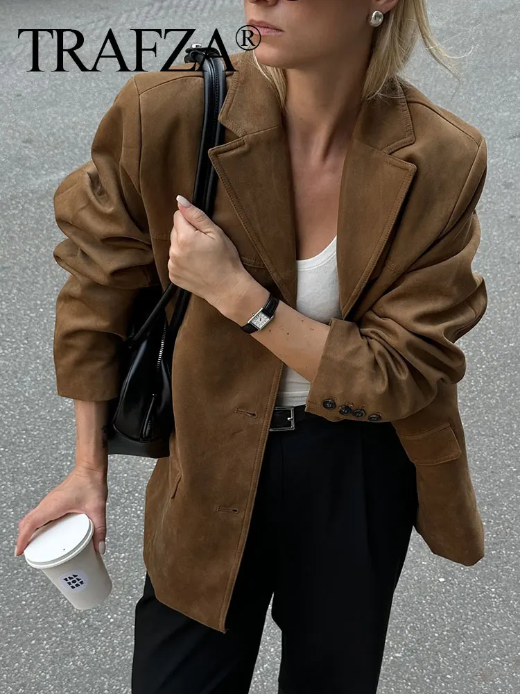 HH Women Vintage Brown Suede Blazer Coat Single Breasted Long Sleeve Lapel Jacket With Pockets Casual Office Lady Outerwear