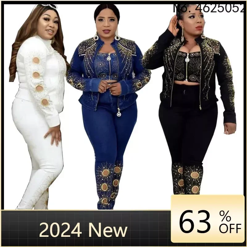 2023 Casual African Denim 3 Piece Sets Ladies Full Sleeve Tops And Pants With Bra Sets Fashion Flowers Tracksuit Sets For Women african clothes for couple clothing african dresses for women with headscarf men s tracksuit dashiki top and pants set a21c002