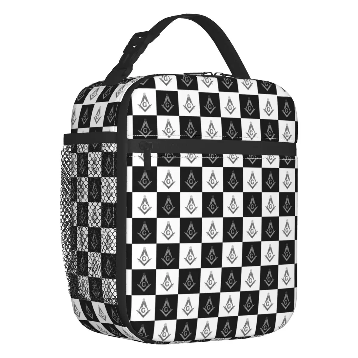 

Freemason Checkered Pattern Insulated Lunch Bag for Camping Travel Mason Masonic Portable Thermal Cooler Lunch Box Women