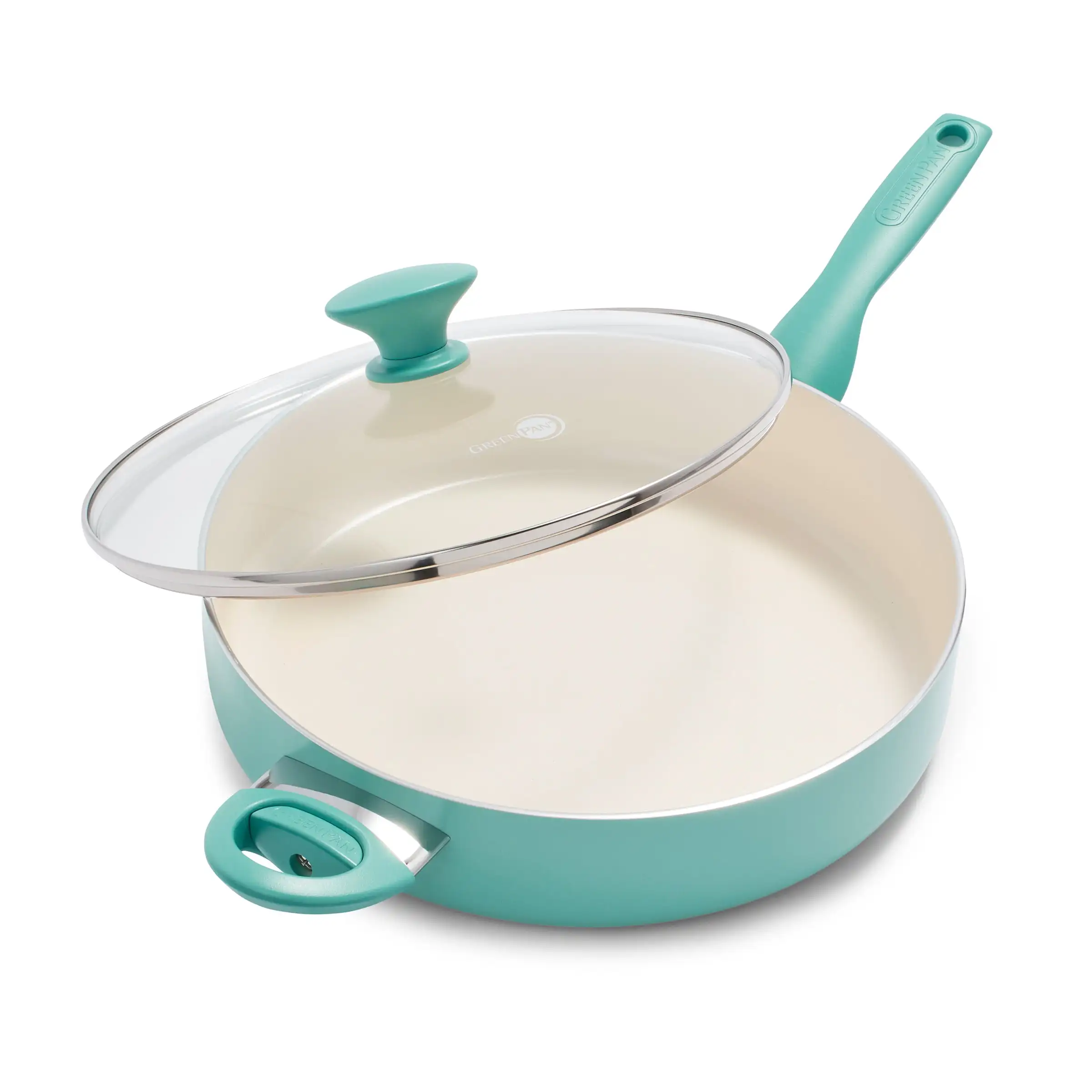 

GreenPan Rio Ceramic Nonstick 5 Quart Covered Saute Pan with Helper Handle TurquoiseWipe clean coating