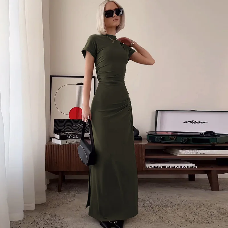 Women's Elegant O Neck Maxi Dress Short Sleeve Slim High Waist Shirring Dress Sexy Side Slit Evening Club Bodycon Dress Lady