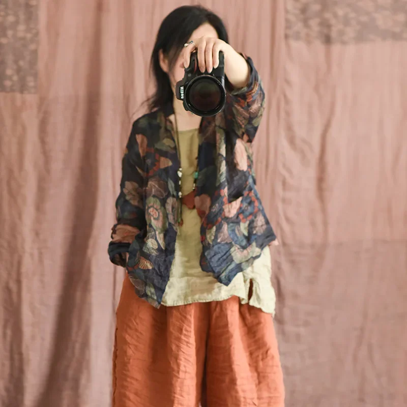 

Retro Print Shirt and Tops Women 2023 Spring Summer Thin New Loose Casual Ramie V-Neck Button Long-sleeved All-match Blouses