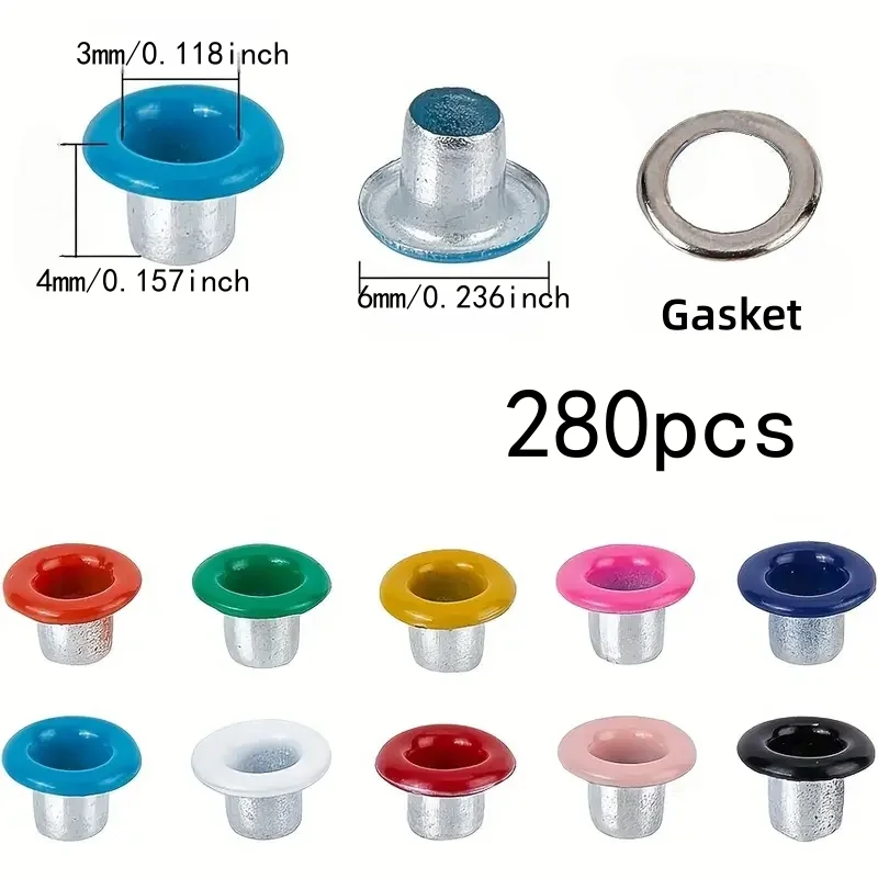 280개 3mm 혼합 색상 스테인리스 스틸 아일렛, 간편 설치, 신발, 가방, 모자, 가죽 수리, 스크랩북, 리벳용