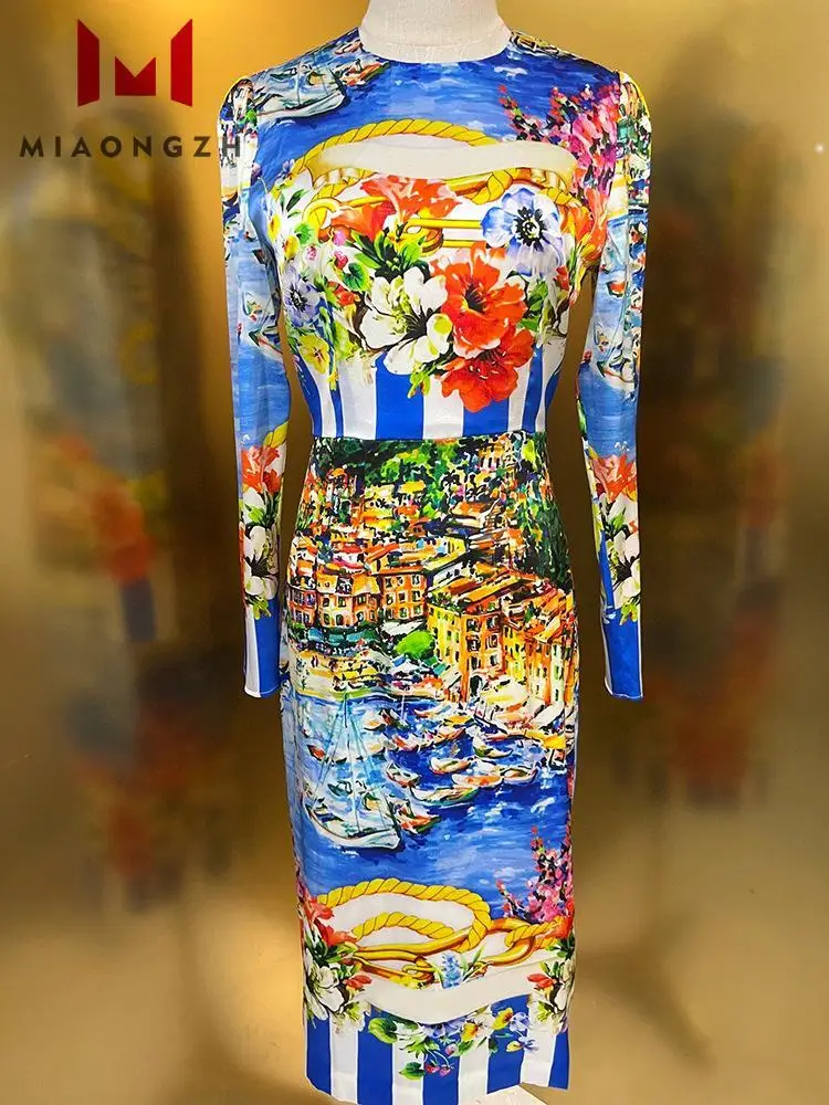 

Vintage 100% Silk Dresses Women's Autumn Fashion Long Sleeve Split Elegant Print Casual Party Dress Female Holiday Clothing 2023