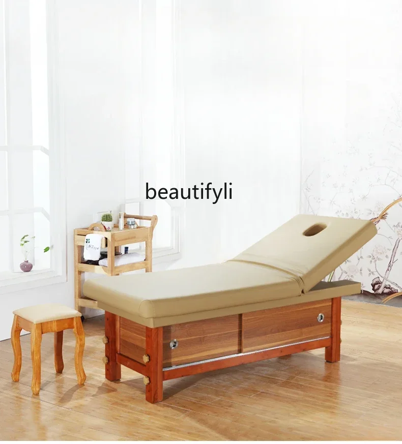 Solid Wood Facial Bed High-Grade Massage Bed Beauty Salon Stepping Back Tattoo with Cabinet