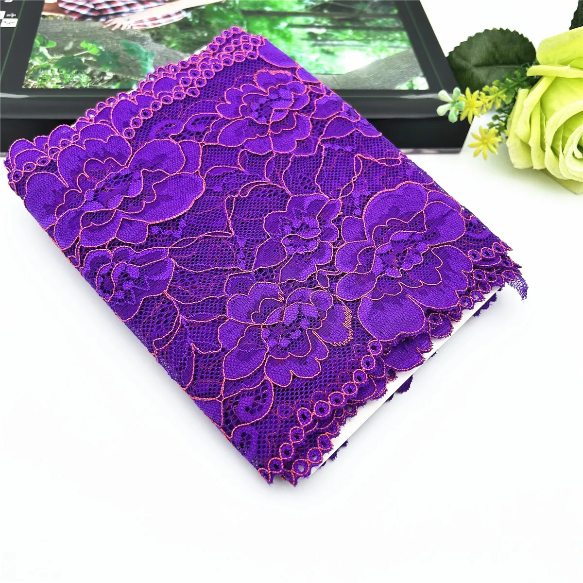 3y/lot Width 16.50cm Purple Flower Violet Elastic Stretch Lace Trim 3