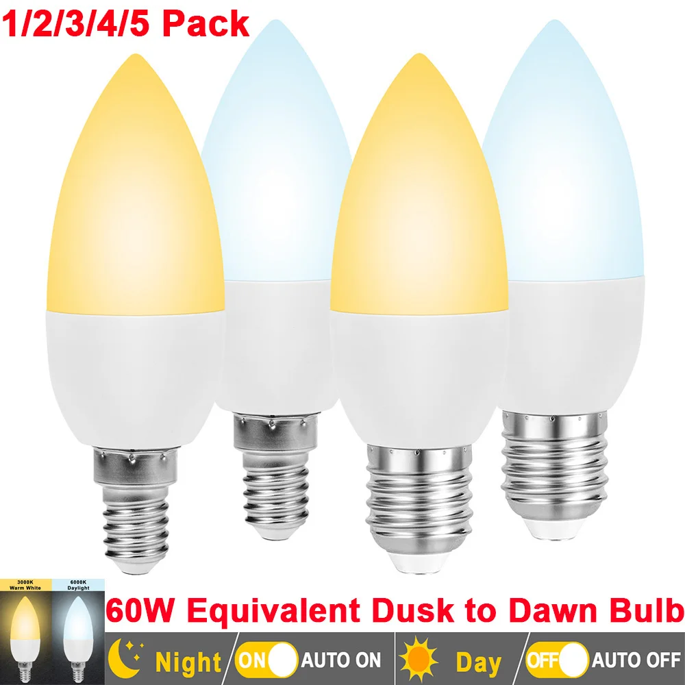 1/2/3/4/5Pack Dusk to Dawn Light Bulbs E14/E27 60W Equivalent Smart Sensor Candelabra Night Lights Automatic Indoor/Outdoor Lamp