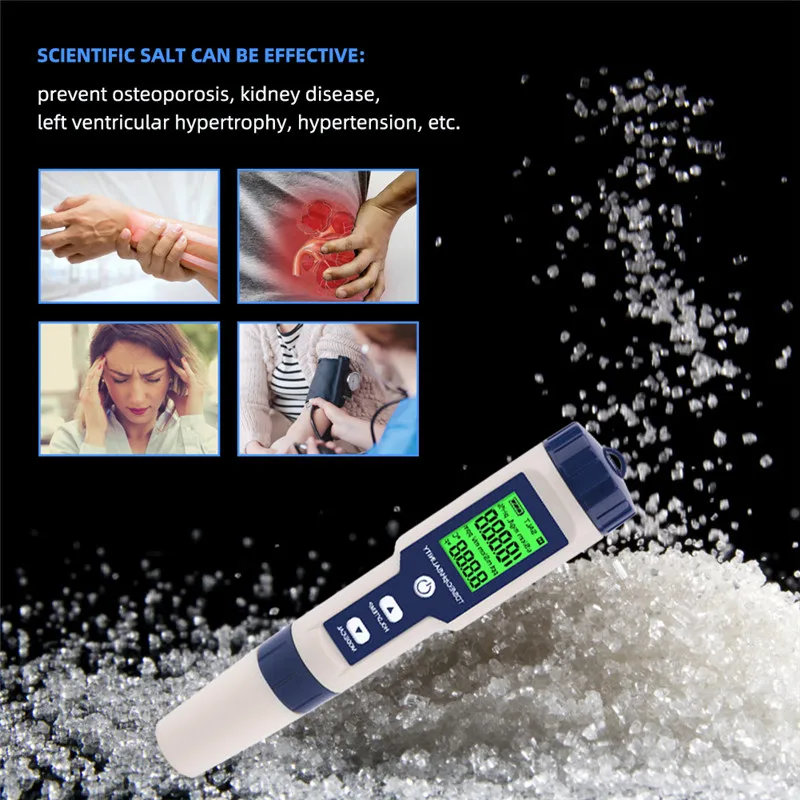 Hochpräziser Wasserqualitätsdetektor für zu Hause, multifunktionale 5-in-1-PH/TDS/EC/SALT/TEMP-Erkennung für Wate/Food/AquaculturePool – Detail 13