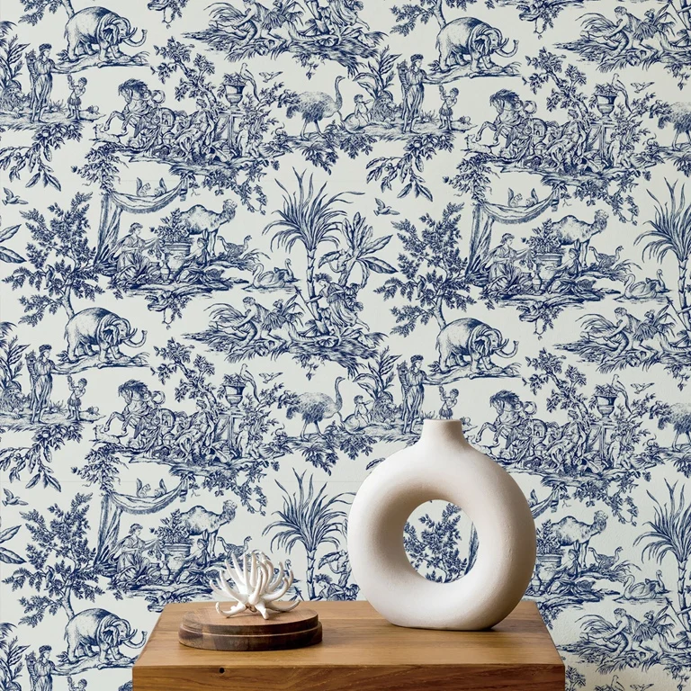 Description Picture 5 of itemToile Navy Wallpaper with ancient Warriors and elephant, Forest style engrave print wallpaper