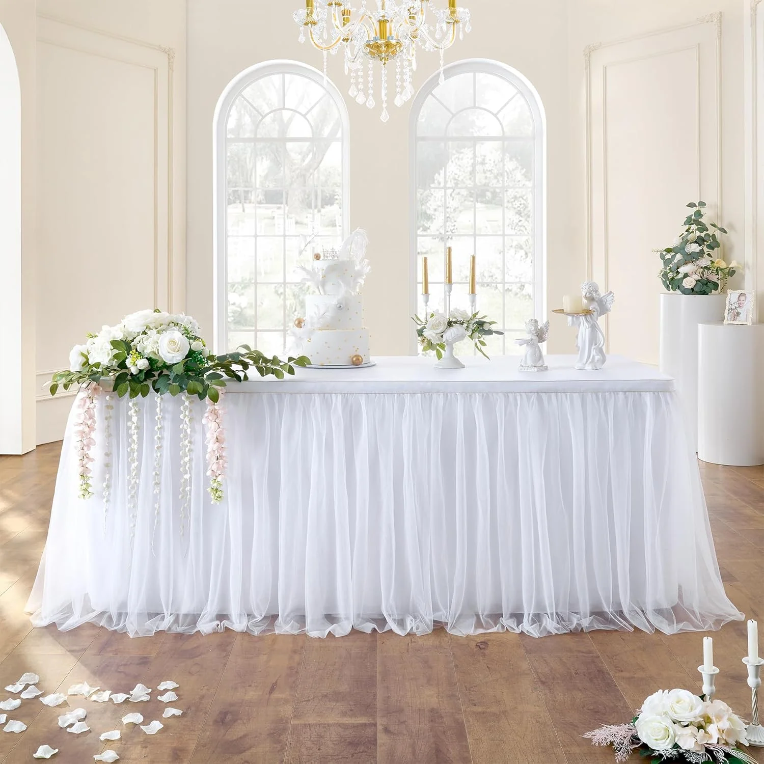 White Tulle Table Skirt Rectangular Round Table 2-Layer Pleated Tulle Skirt Decoration Wedding Birthday Party Baby Shower Cake Dessert Table