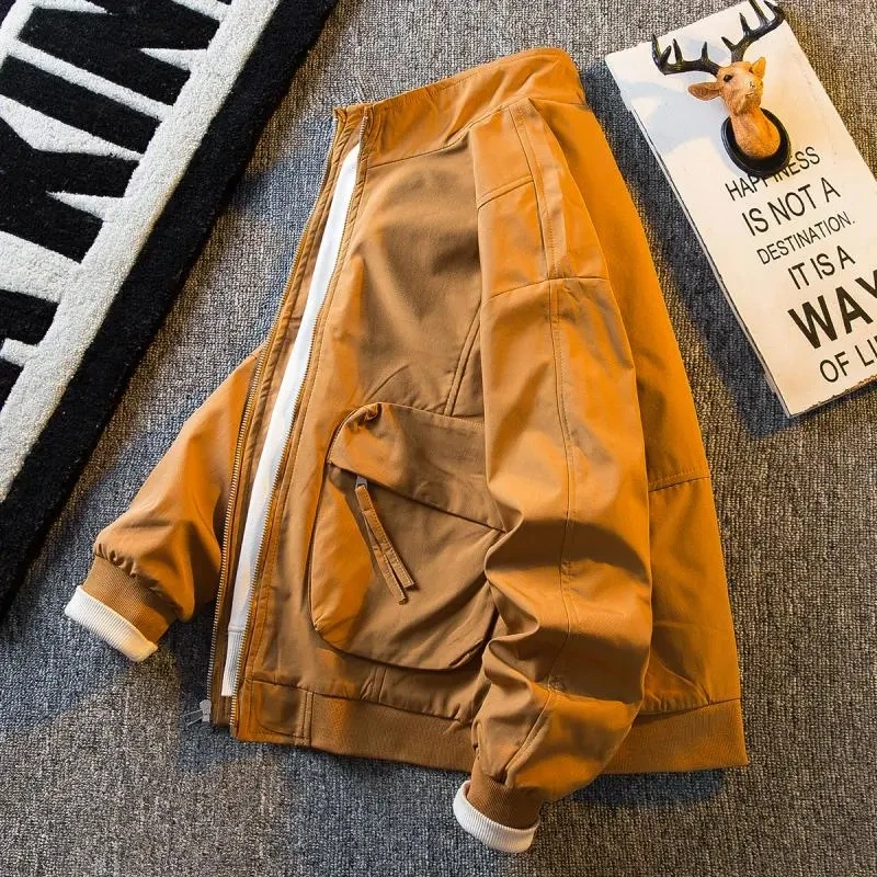 

American Style Caramel Stand-up Collar Tooling Jacket Spring Autumn Handsome Causal Loose Flight Jacket Overcoat Male Clothes
