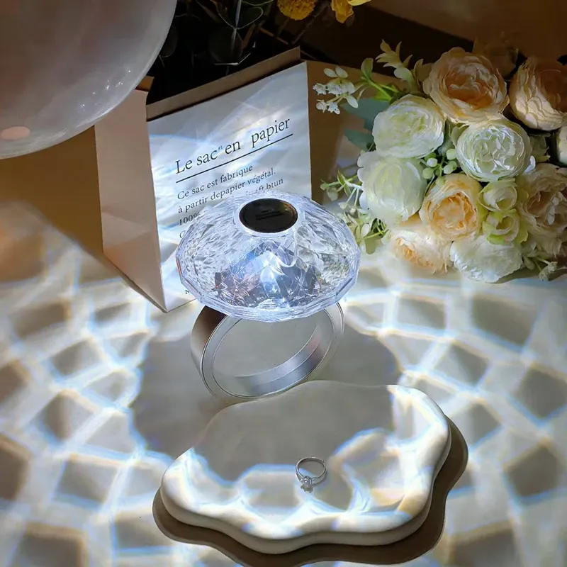 Rechargeable LED Diamond Ring Projection Night Light Romantic Bedroom Ambient Lamp Perfect Girlfriend Gift Plastic Desktop Decor