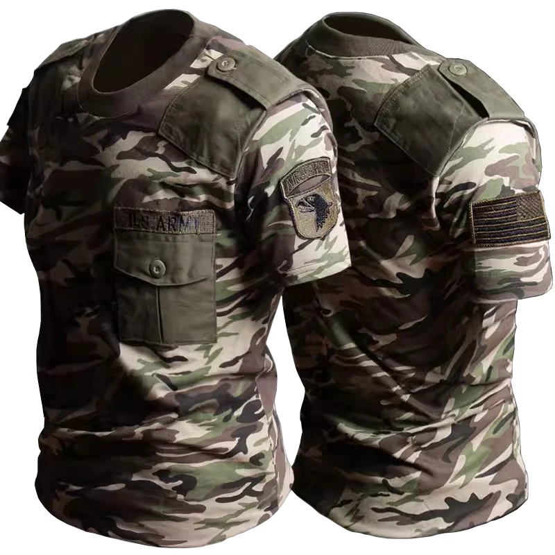 Summer Cotton Tactical T-shirts Men Vintage Airborne Short Sleeved Outdoor T Shirt Breathable Embroidery  Pockets O Neck