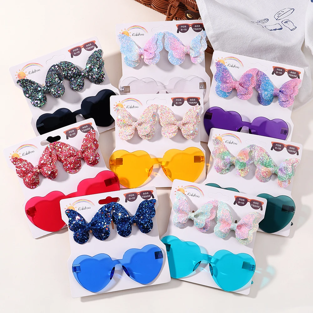 

3Pcs/set Kids Butterfly Hairpin Colorful Heart Sun Glasses Set Girls Boutique Solid Bowknot Hair Clips Children Hair Accessories