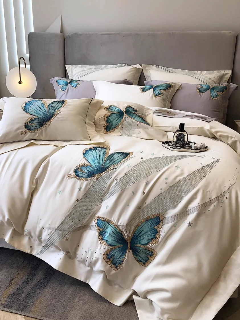 

High end long staple cotton butterfly four piece set, all cotton bed sheets, pure cotton duvet covers, high-end bedding
