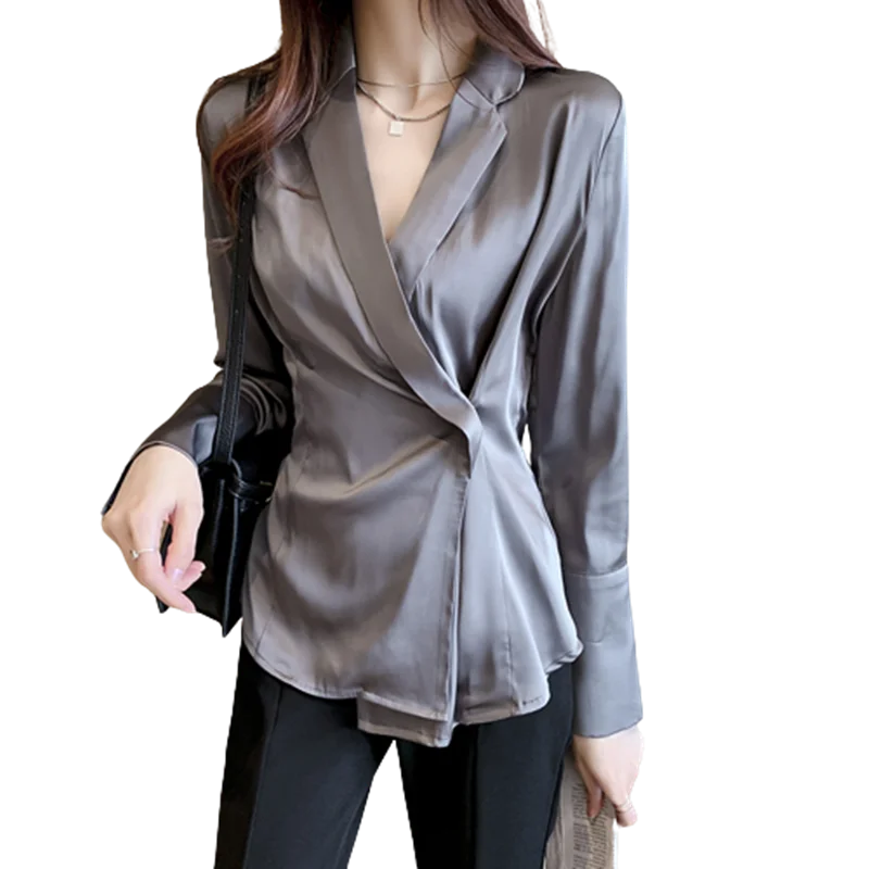 Irregular Women's Blouses 2023 New Satin V-neck Pleated Solid Chic Suit Shirt Long Sleeve Blouse Casual V-neck Sexy Women Tops