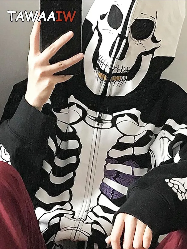 

Tawaaiw Gothic Print Bone Hooded Hoodies Women Long Sleeve Halloween Costume Cosplay Funny Oversized Jacket Y2k Sweatshirt Chic