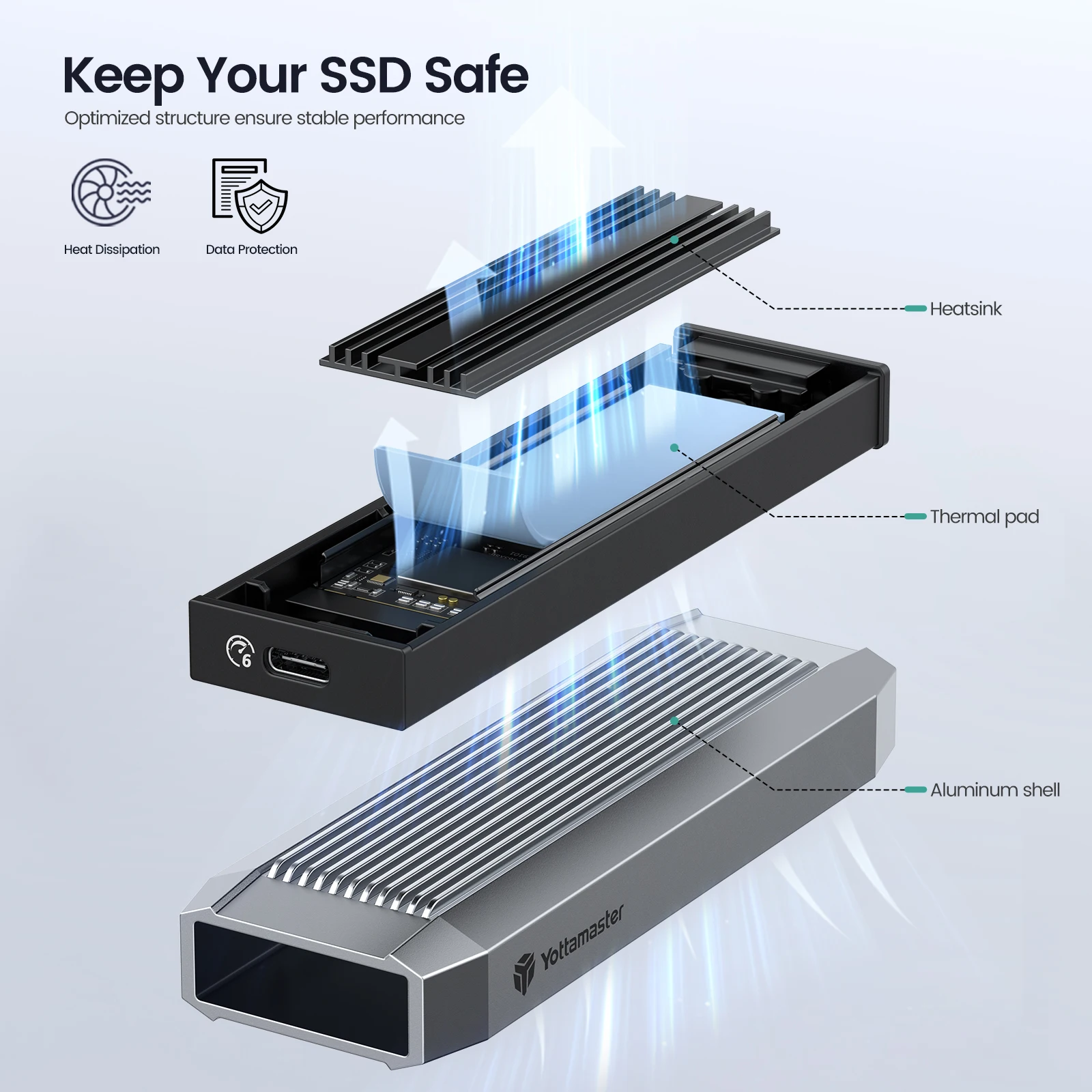 Yottamaster M2 NVME SSD 케이스 NVMe PCIE 3.0 PCIE 4.0 SSD 인클로저, USB 3.1 GEN2 C타입 10Gbp 외부 스토리지 박스, 4TB SSD 케이스