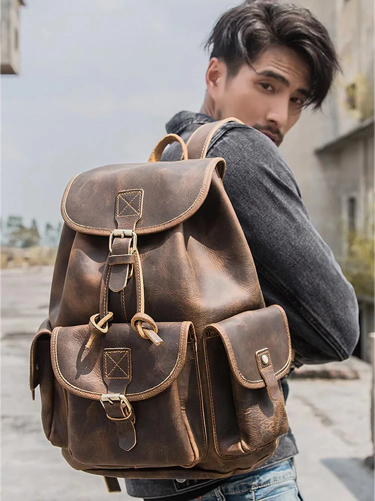 NASVA Genuine Leather Backpack Retro Men\\'s Bag Vintage Rucksack