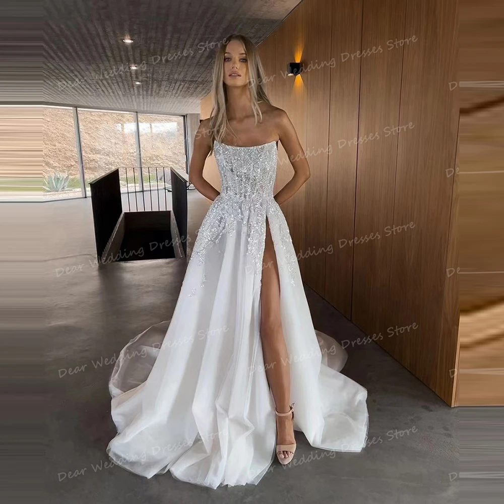 

Simple Wedding Dresses Sexy Lace Appliques Split Satin Women's Bridal Gowns Sleeveless Boat Neck Formal Party Vestidos De Novia