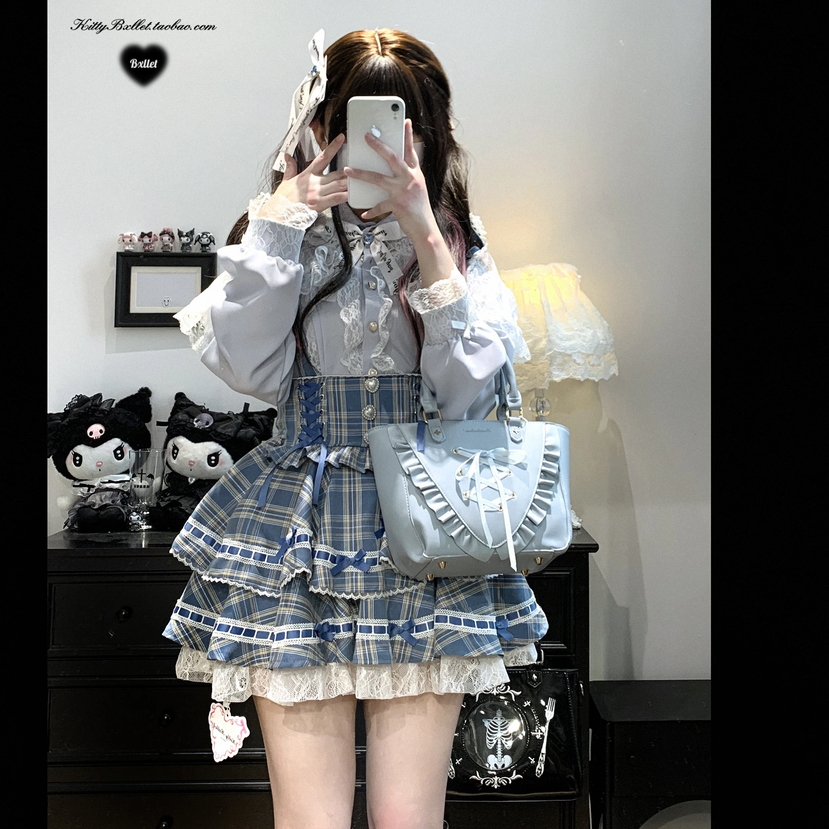 Japanese Mine Style Sweet Versatile Suspender Skirts Lace Splicing Flying Sleeve Bow Heart Button High Waist Plaid Skirt Women