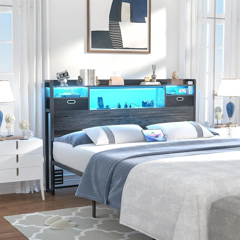 Wood Headboard Only for Full Size Bed with Bookcase and Power Outlet, Sturdy Head Bo，Full Headboard with Storage and LED Light