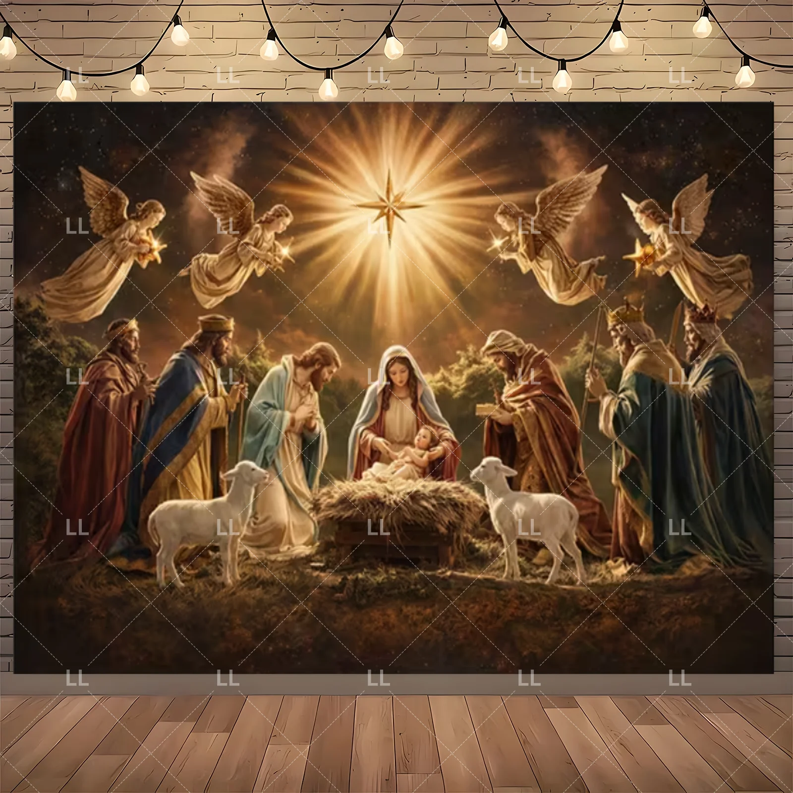 Starry Night Nativity Scene Backdrop - Traditional Christmas Party Decor and Photo Prop