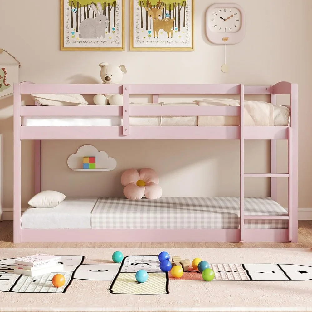 Low Bunk Bed Twin Over Twin,Solid Wood Bunk Bed Frame with Built-in Ladder&Safety Guardrails,Space-Saving Low Bunk Bed for Kids 3