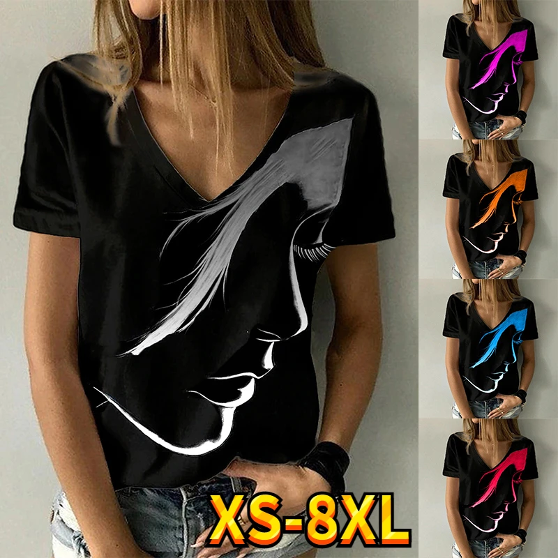 

2022 Oversized Harajuku Abstract Print Women's Casual V-Neck T-Shirt Casual Short Sleeve Loose Casual Shirt Women