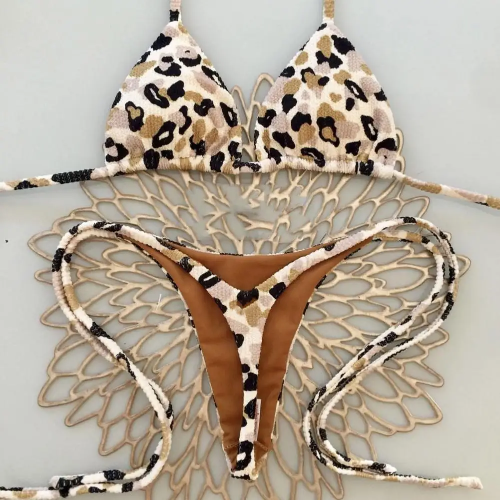 

2Pcs/Set Sexy Women Bikini Set Leopard Print Halter Bra High Waist Swimsuit Lace-up Thong Set Bathing Suit Summer Beachwear