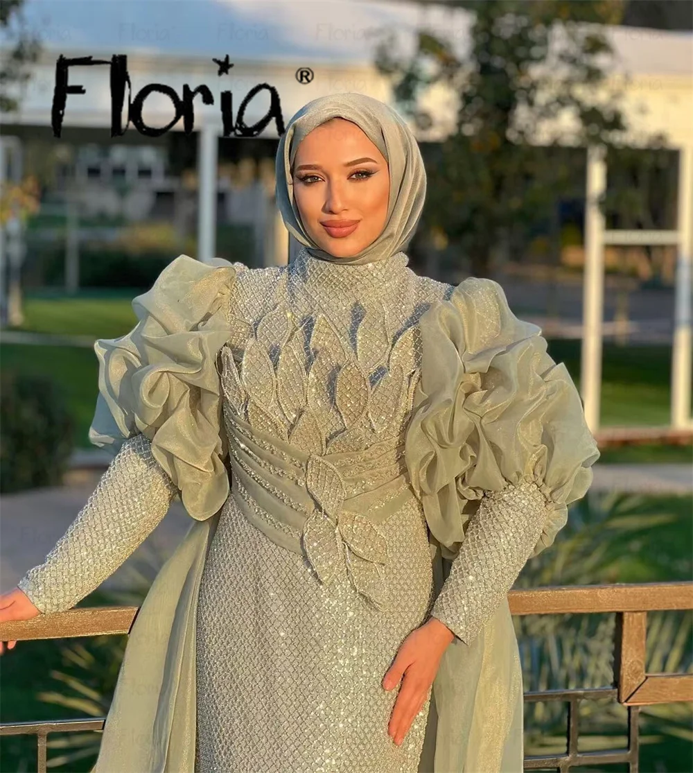 Floria Muslim Customized Gold Beaded Prom Dress With Cape Sleeve Sage Green  Wedding Party Dress Plus Size Formal Occasion Dress - AliExpress 320