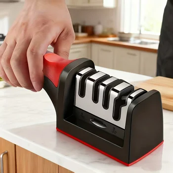 Affilatore Manuale, Strumento di Affilatura a 4 Fasi con Manico in Plastica, Utilizzato per Riparare, Tagliare e Lucidare Coltelli e Forbici