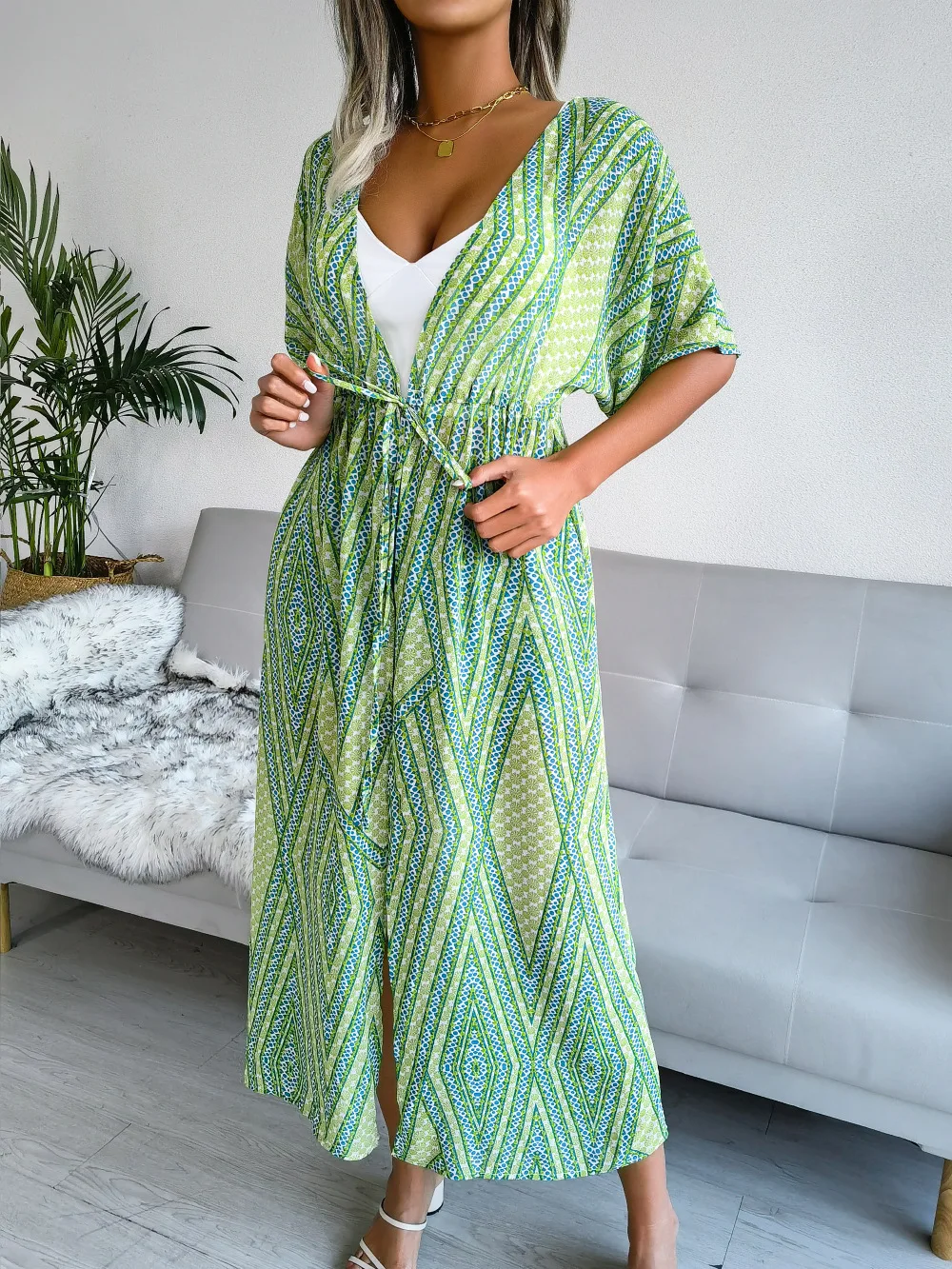 Summer Women Casual Lacing Printing Striped Chiffon Beach Sun Protection Clothing Oversize V-neck Chiffon Multicolor Cardigan bikini cover up set