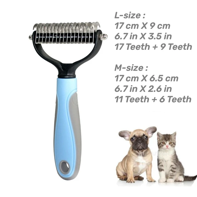 Professional Pet Deshedding Brush 2 Sided Dematting Dog Comb Cat Brush Rake Puppy Grooming Tools Undercoat Shedding Flying Hair light blue