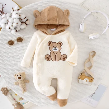 Autumn Winter Baby Bear Onesie with Hat Soft Plush Fabric Warm Cute Heated Footed Suit with Head Protection Bear Ear Design Infa 1