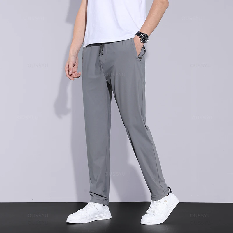 2024 Summer Men's Casual Pants Thin Soft Sports Zip Pocket Korea Grey Black  Elasticity Lace-up Waist Jogging Work Trousers Male - AliExpress