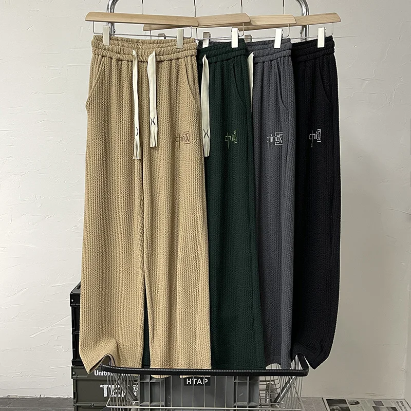 

Hybskr Trend Casual Pants for Men's Korean Versatile High Texture Solid Straight Pants Streetwear Y2k Full Length Trousers