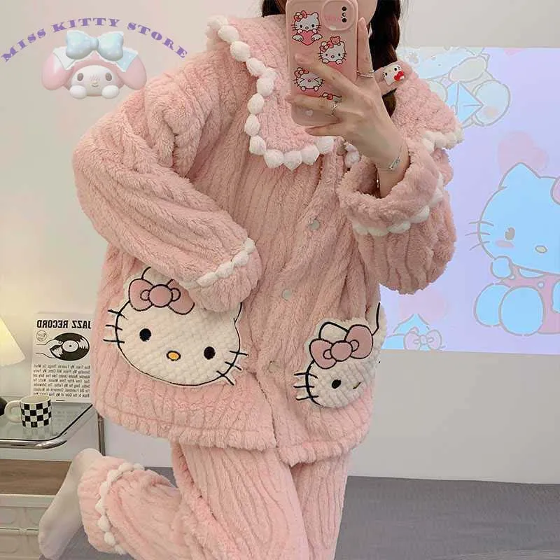 

Милая осенне-зимняя Пижама Sanrio Hellokitty Purin с героями мультфильмов, Женский Теплый кардиган для девочек, домашняя одежда, комплект из двух предметов