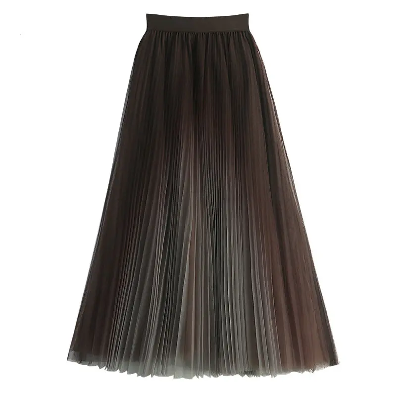 Spring Autumn Elastic Waist Temperament Elegant Pleated A-line Skirt Ladies Casual Fashion Gradient Mesh Skirts Women's Clothing