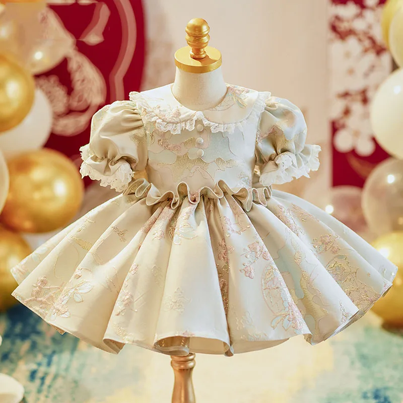 

2024 Gala Dress for Baby Girls Kids Printed Ruched Ball Gowns with Bow for First Birthday Party Children Pageant Fomal Dresses