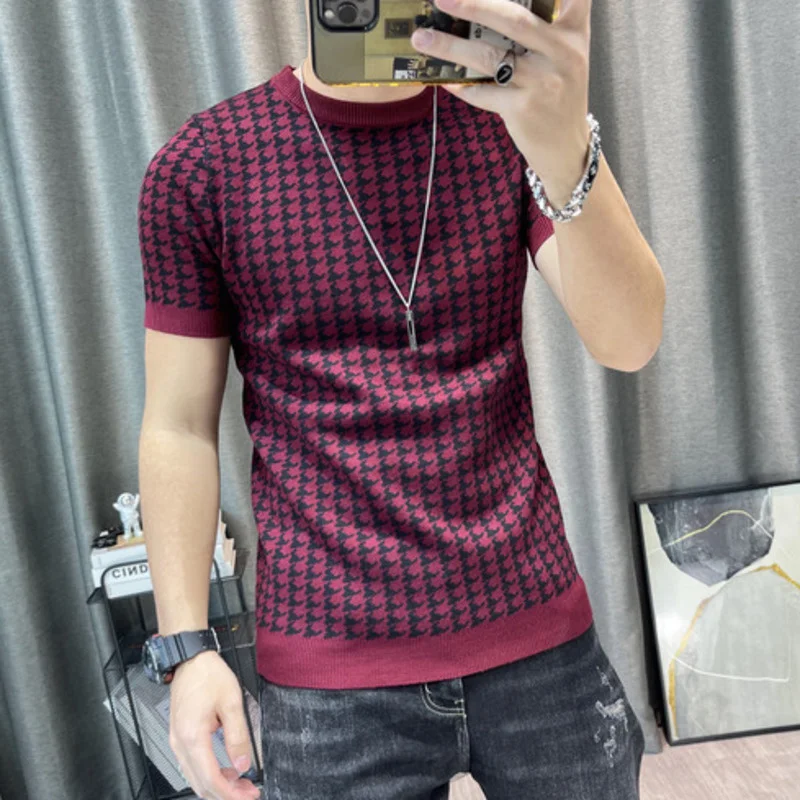 Men Plaid Knitted Thickened Sweater Tshirt Short Sleeve Sweater T shirt Streetwear High Quality Men Tee Shirt Homme 17 Sbc245512b4b64376988a3833db94f553u