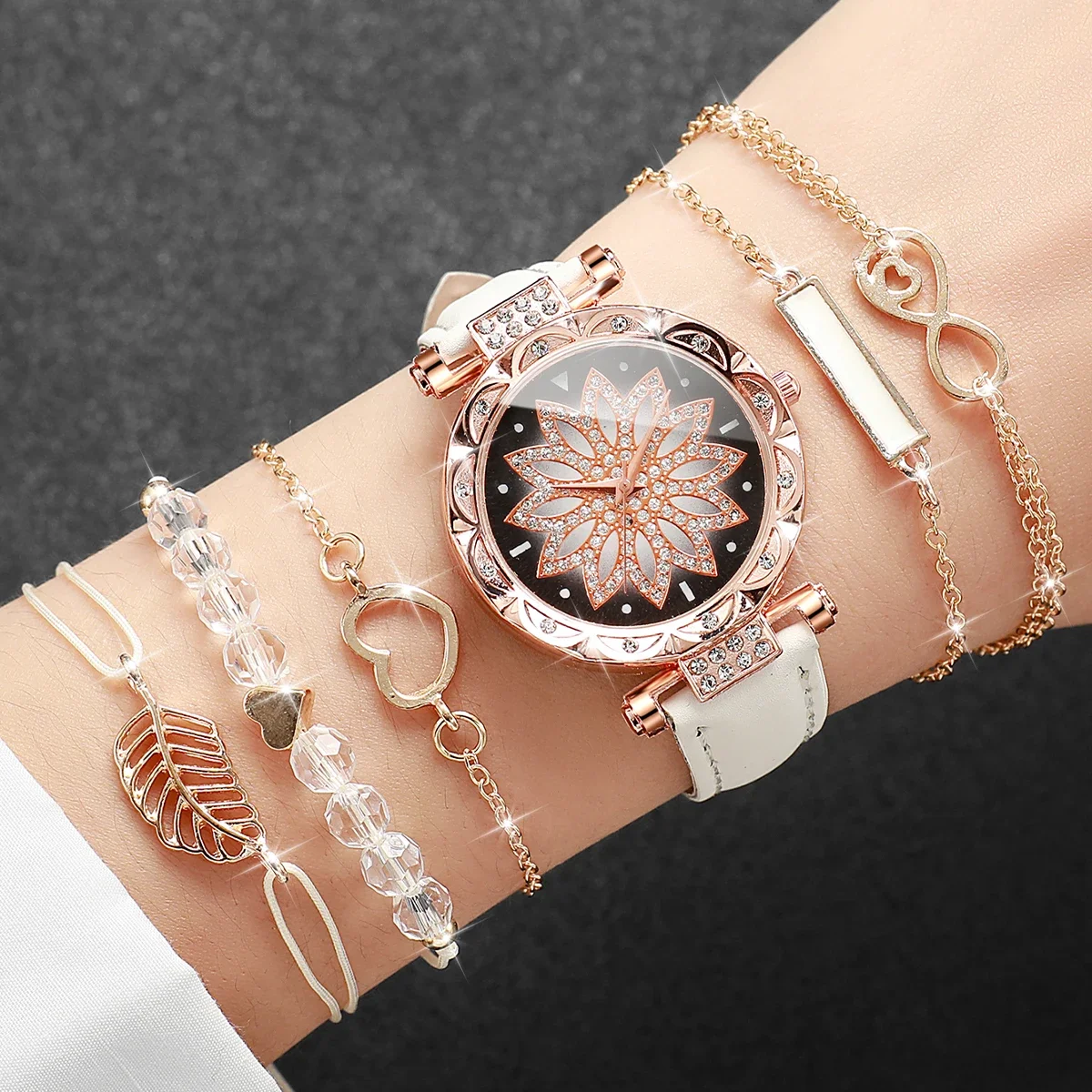 6PCS/Set Women's Watch Fashion Rhinestone Flower Dial Quartz Watches Bracelets Set（Without Box）