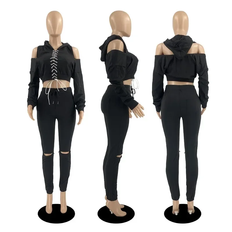 BTQWFD Woman Pants Sets Hoodies Female Clothing 2 Pieces 2023 New Autumn Winter Lace-up Long Sleeve Pullovers Fashion Sportswear