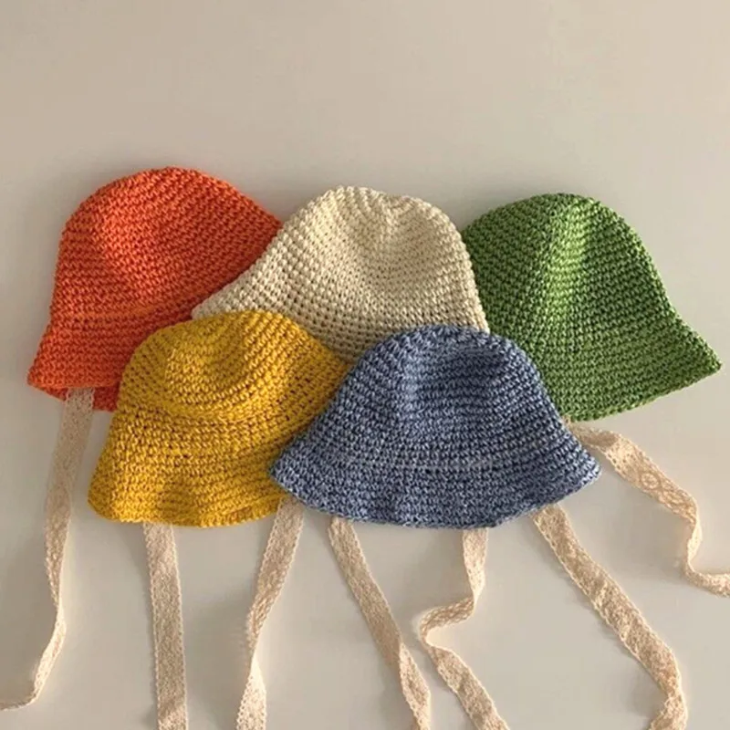 

1-5 Years Old Children Girl Boy Sunhats Candy Color Lace Up Outdoor Beach Holiday Summer Plaited Straw Bucket Hat Cap for Kids