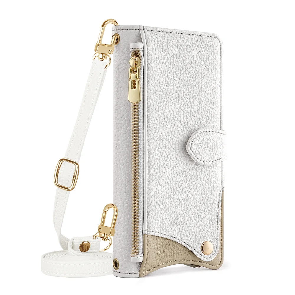 Crossbody Leather Zipper Wallet Phone Case with Mirror and Wrist Strap