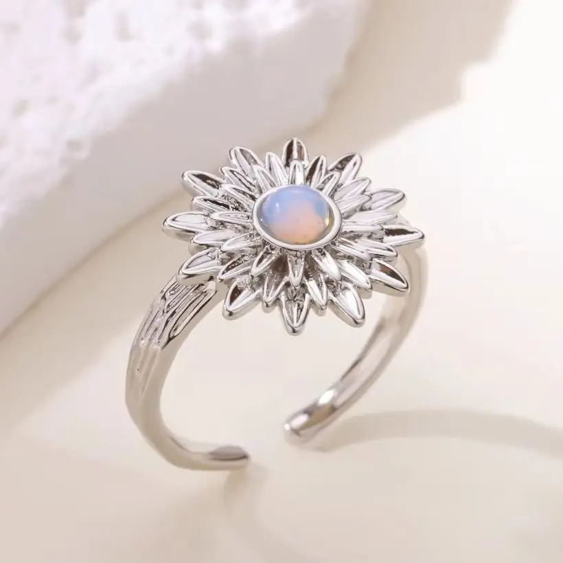 Elegant Opal Flower Ring For Women Silver Color Stainless Steel